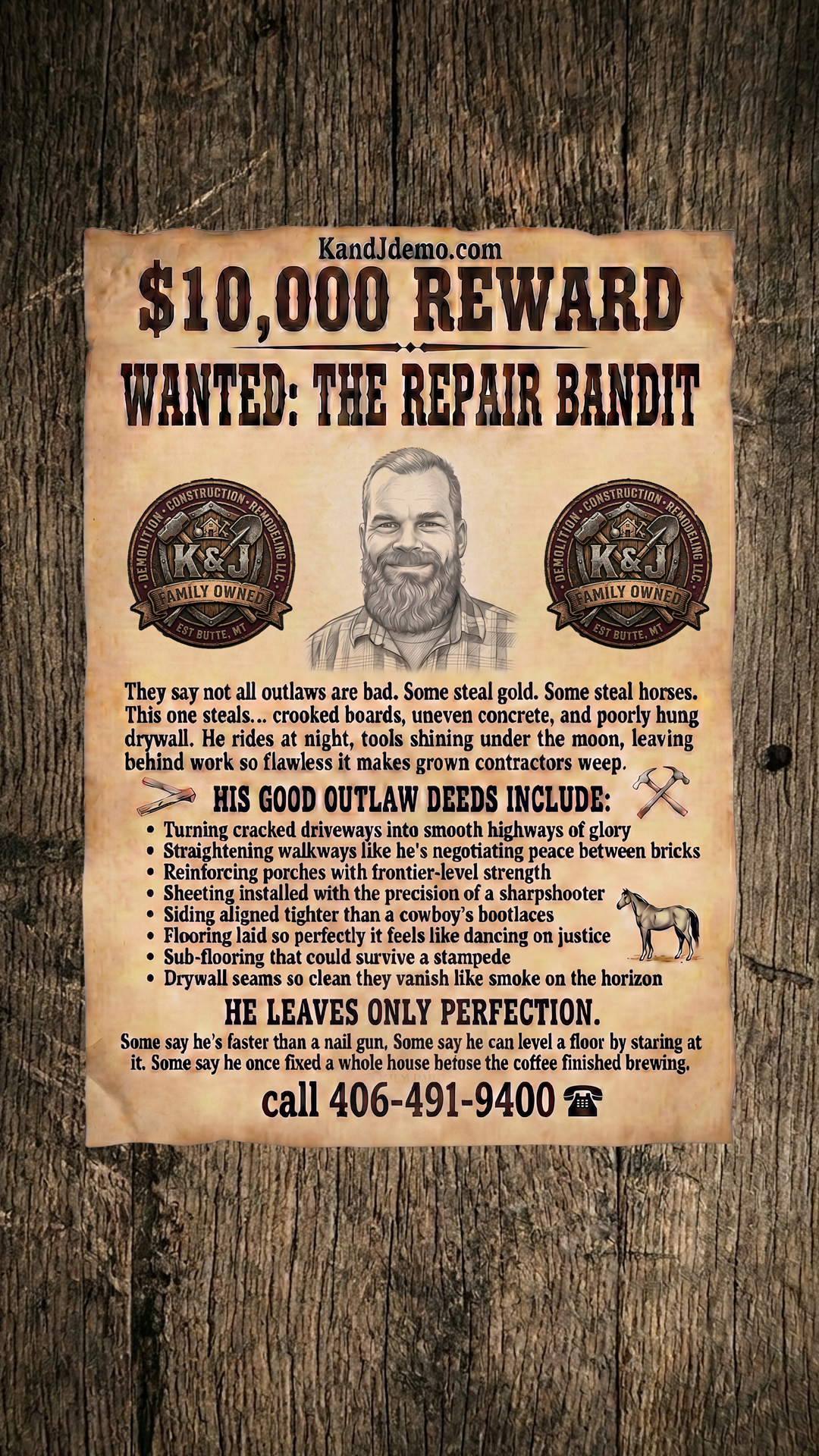 WANTED $10,000 Reward: The K and J Repair Bandit